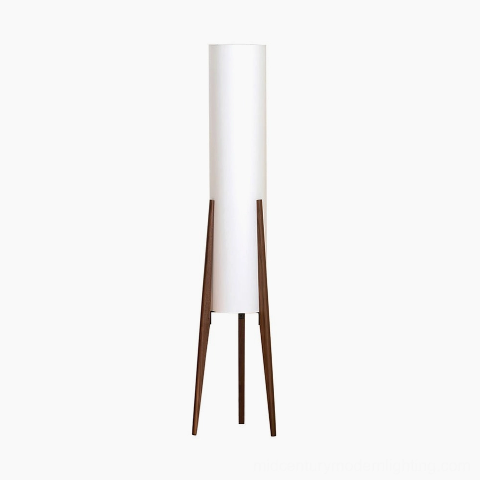 Walnut mid-century modern tripod floor lamp with white linen shade, studio product shot on white background