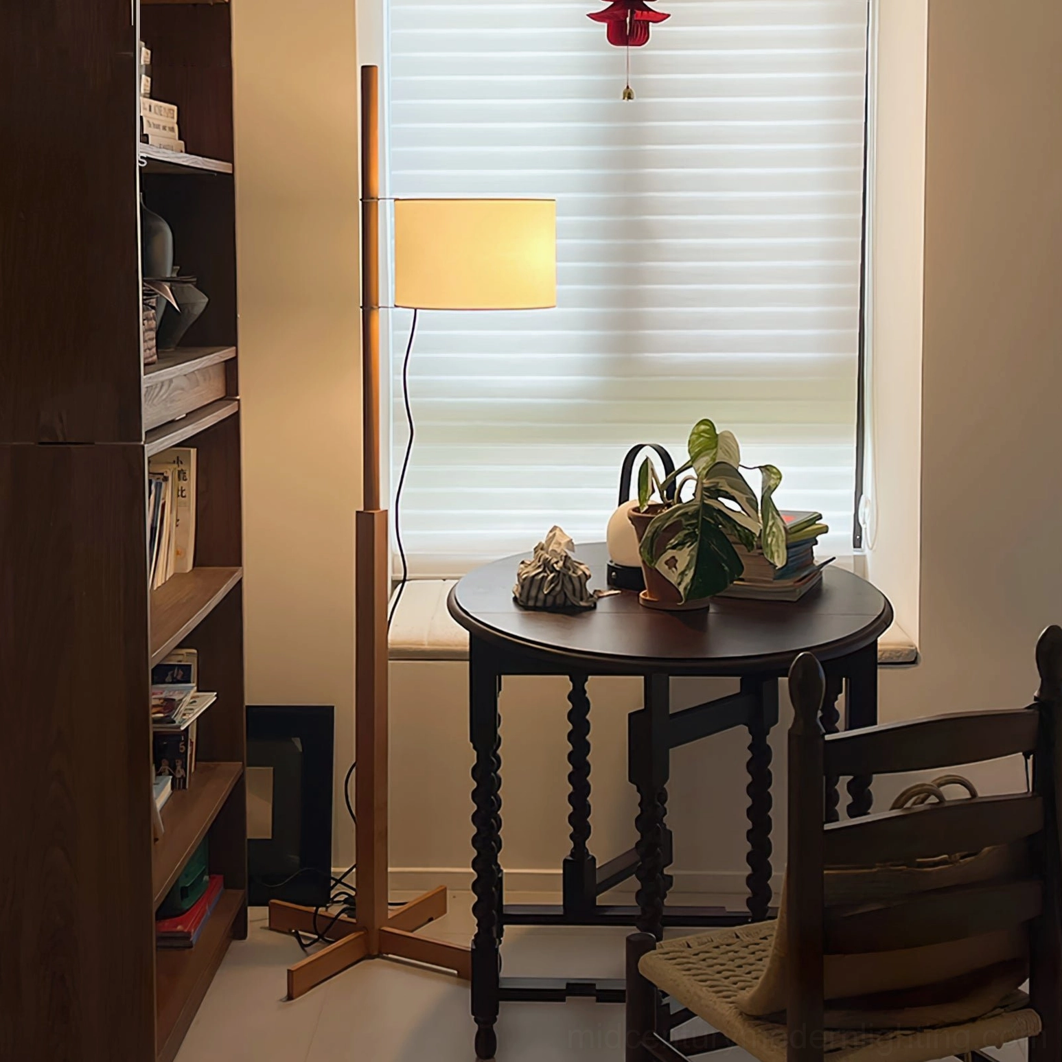 Walnut finish wooden floor lamp showcasing rich wood tone and elegant silhouette
