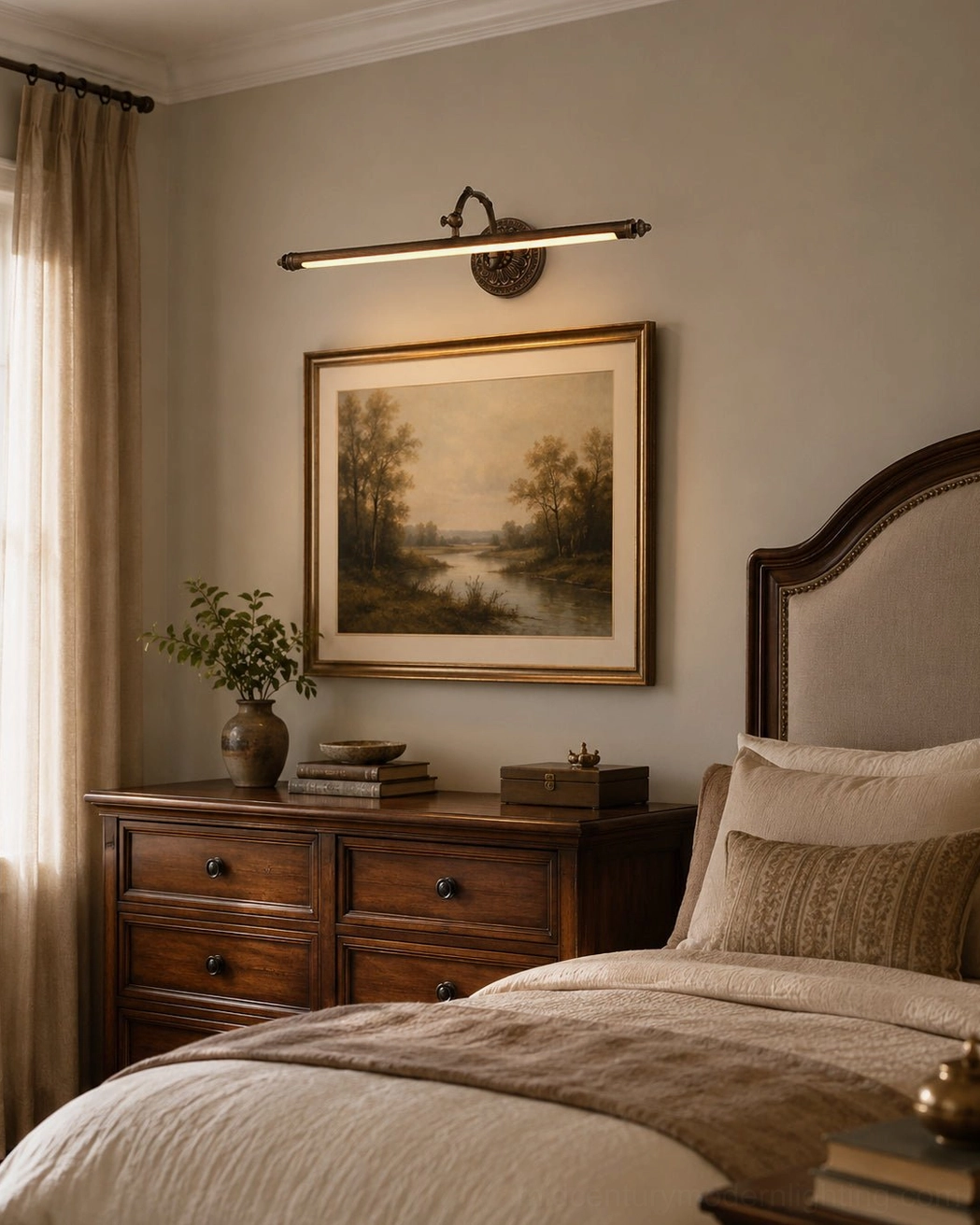 Transitional brass wall sconce providing soft illumination in traditional bedroom with neutral decor