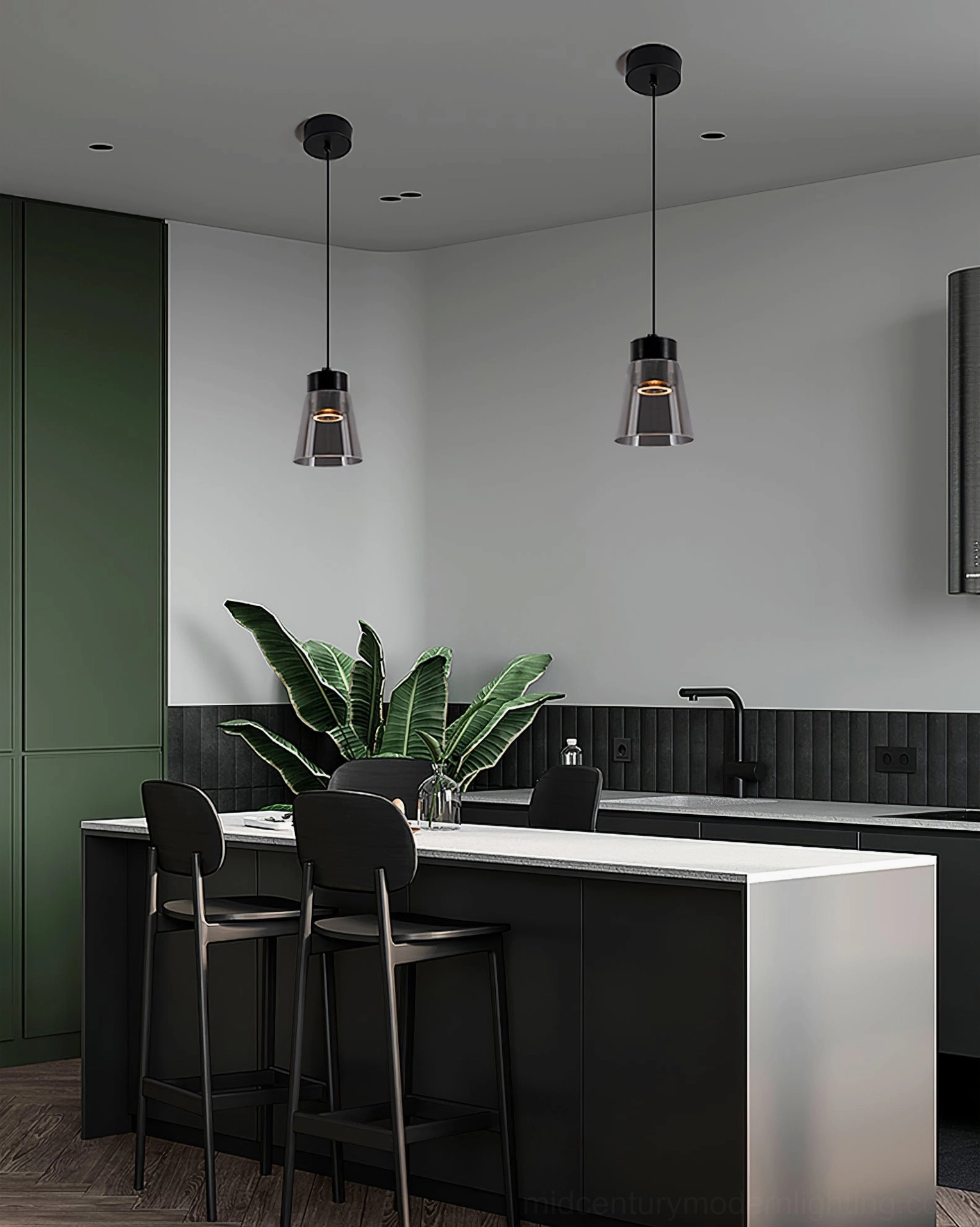 Modern restaurant-style pendant lighting with warm smoke grey glass shades over dining table