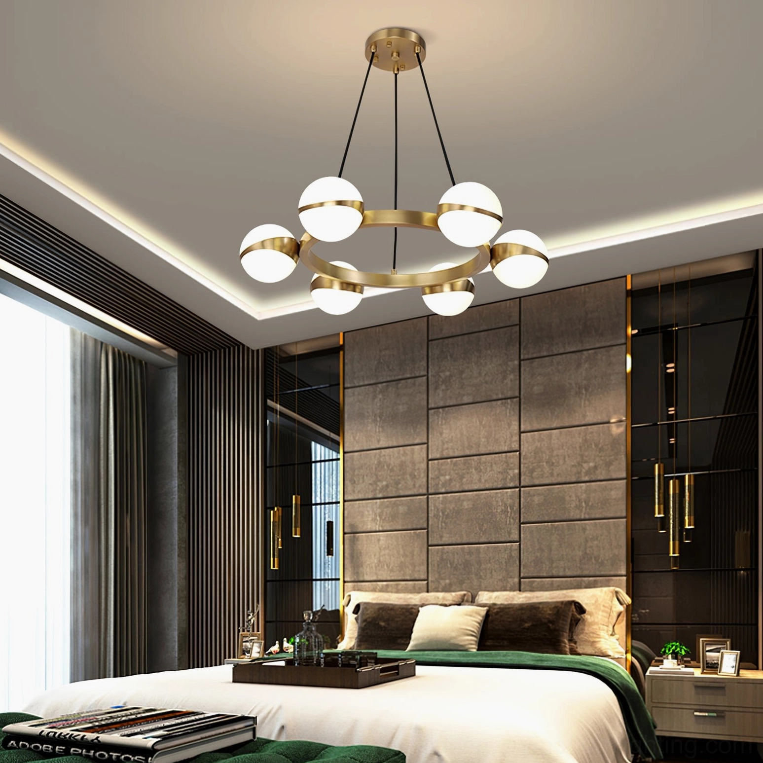 Warm gold brass chandelier with soft-glowing glass shades, Grand Lustre modern pendant collection detail view