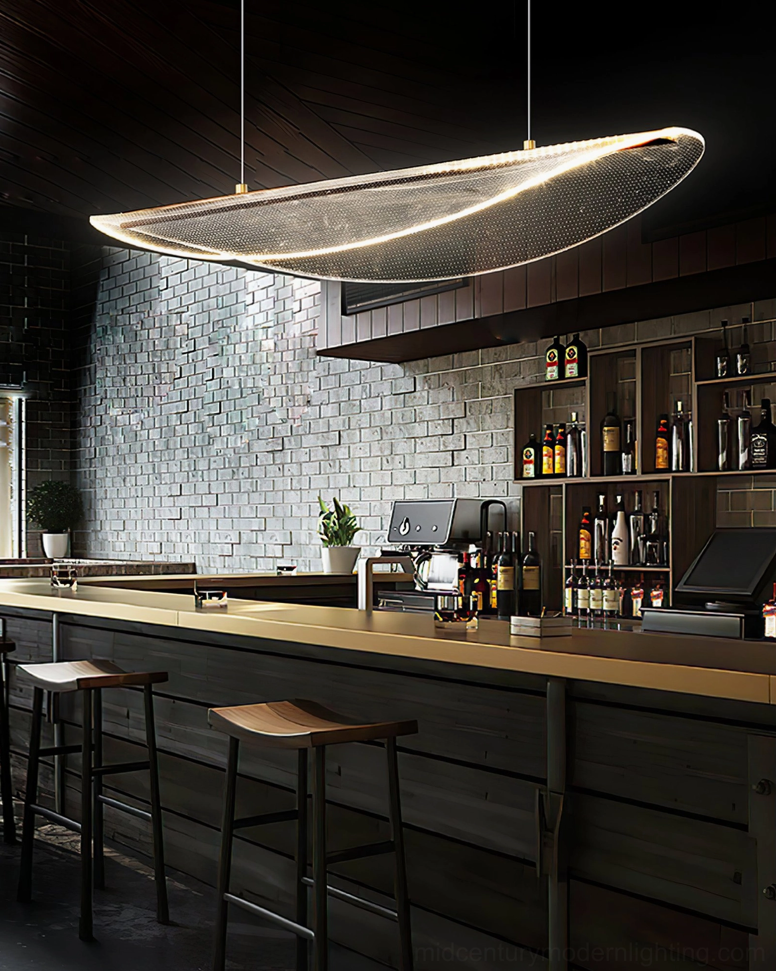 Floating pendant lamp displaying warm light ambiance in elegant modern interior setting