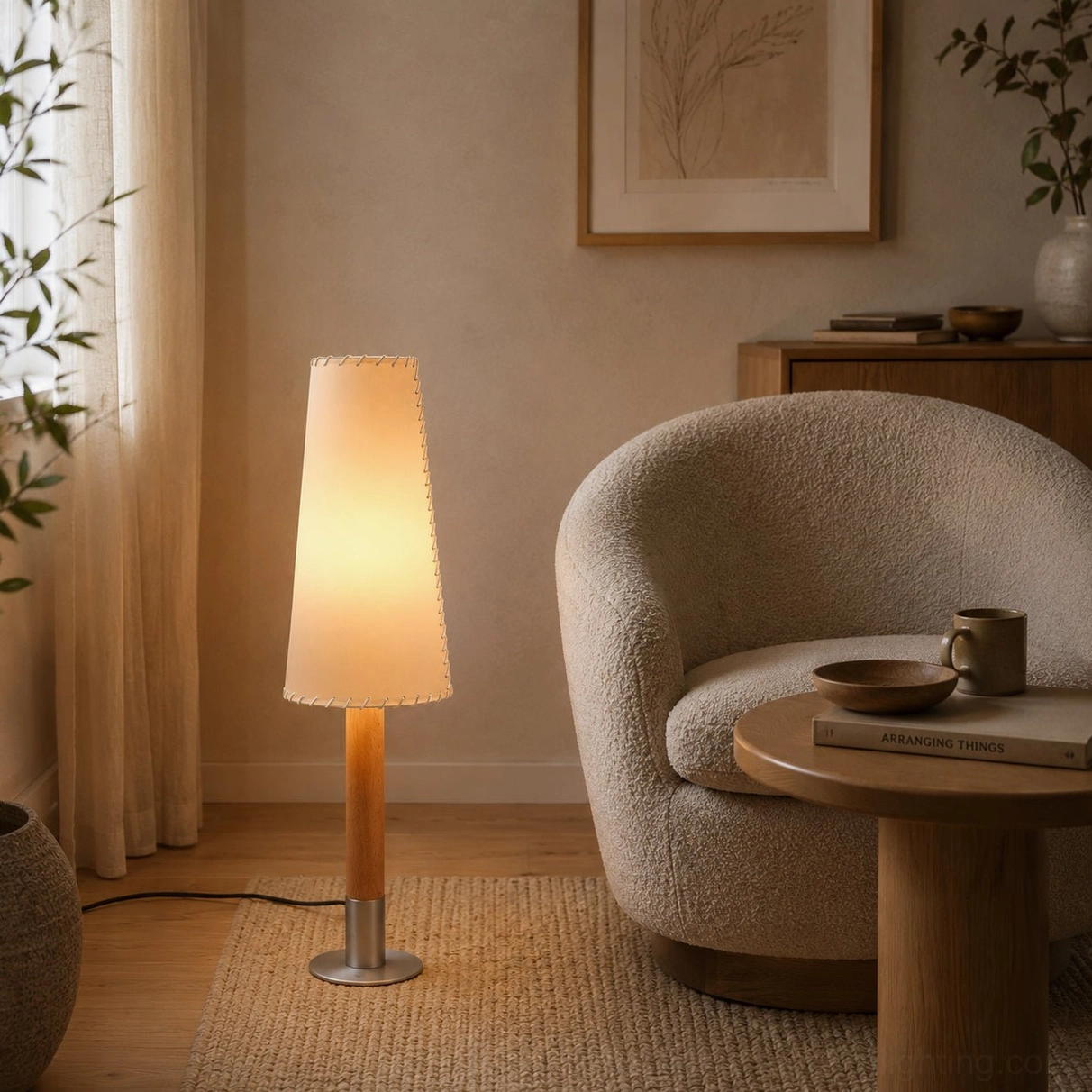 Organic modern floor lamp in cozy living corner with boucle armchair and wooden side table