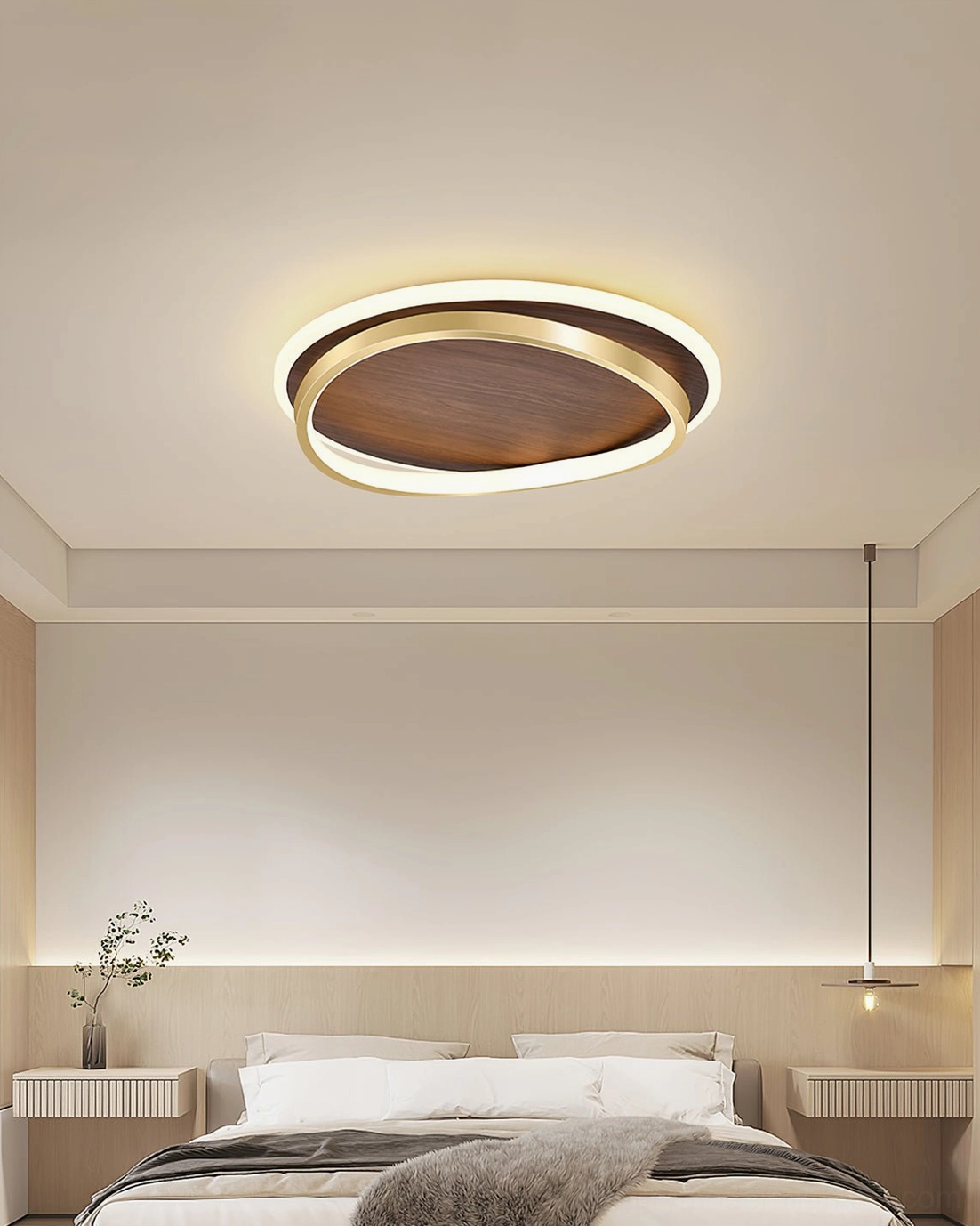 Modern minimalist LED ceiling fixture in tidy master bedroom with bedside décor, warm contemporary lighting design