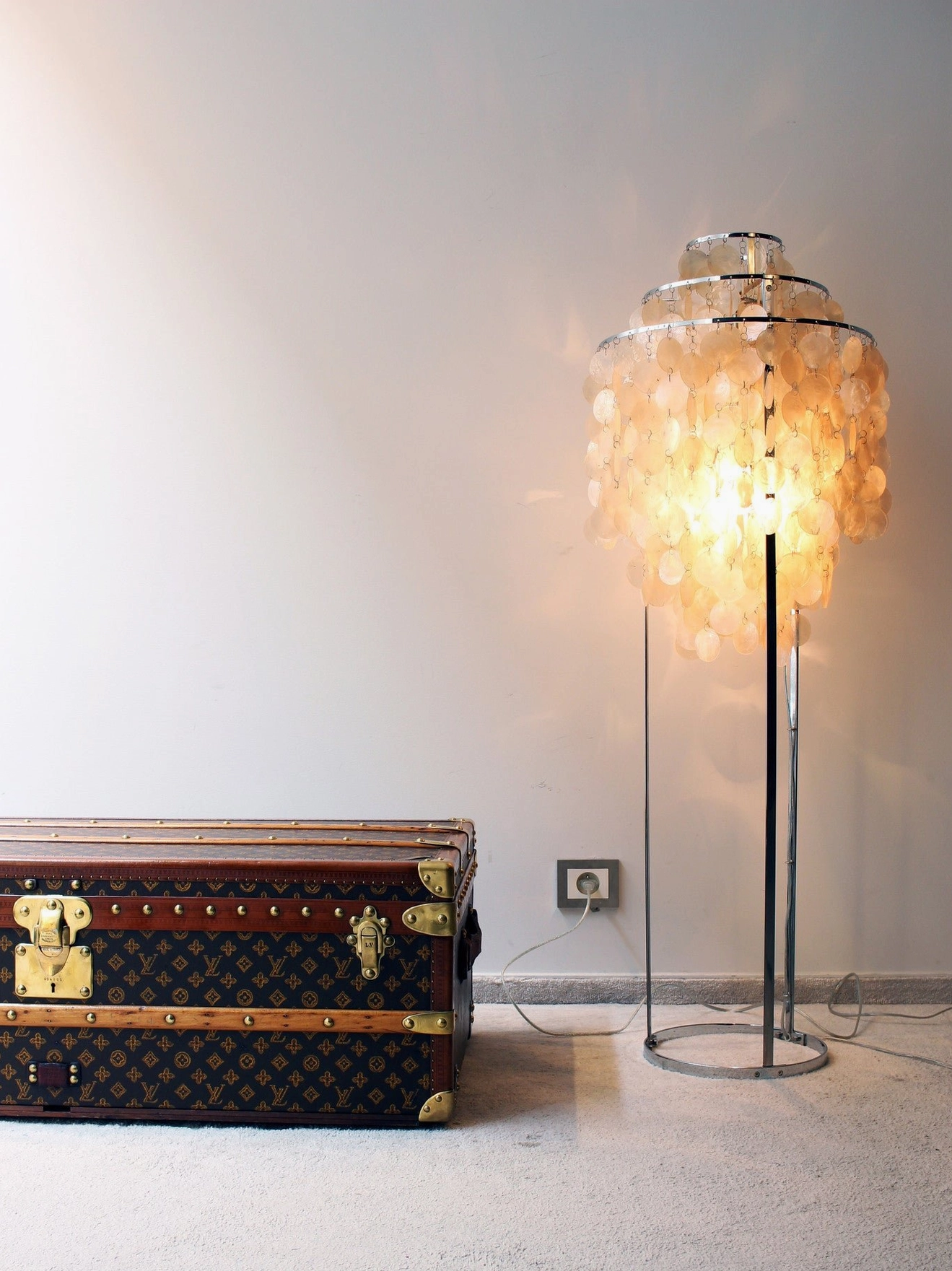 Natural capiz shell floor lamp showing warm white mother of pearl coloration