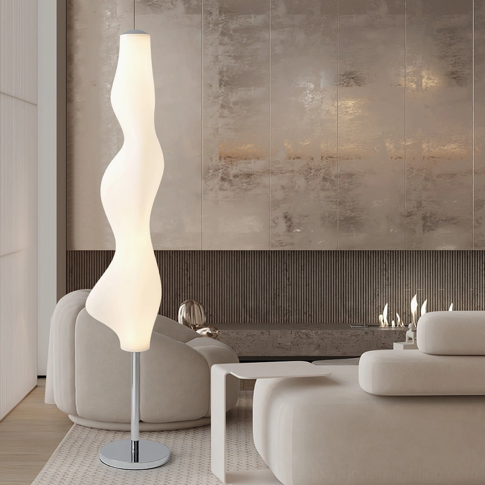 Contemporary wavy floor lamp creating warm 3000K ambient illumination in living space