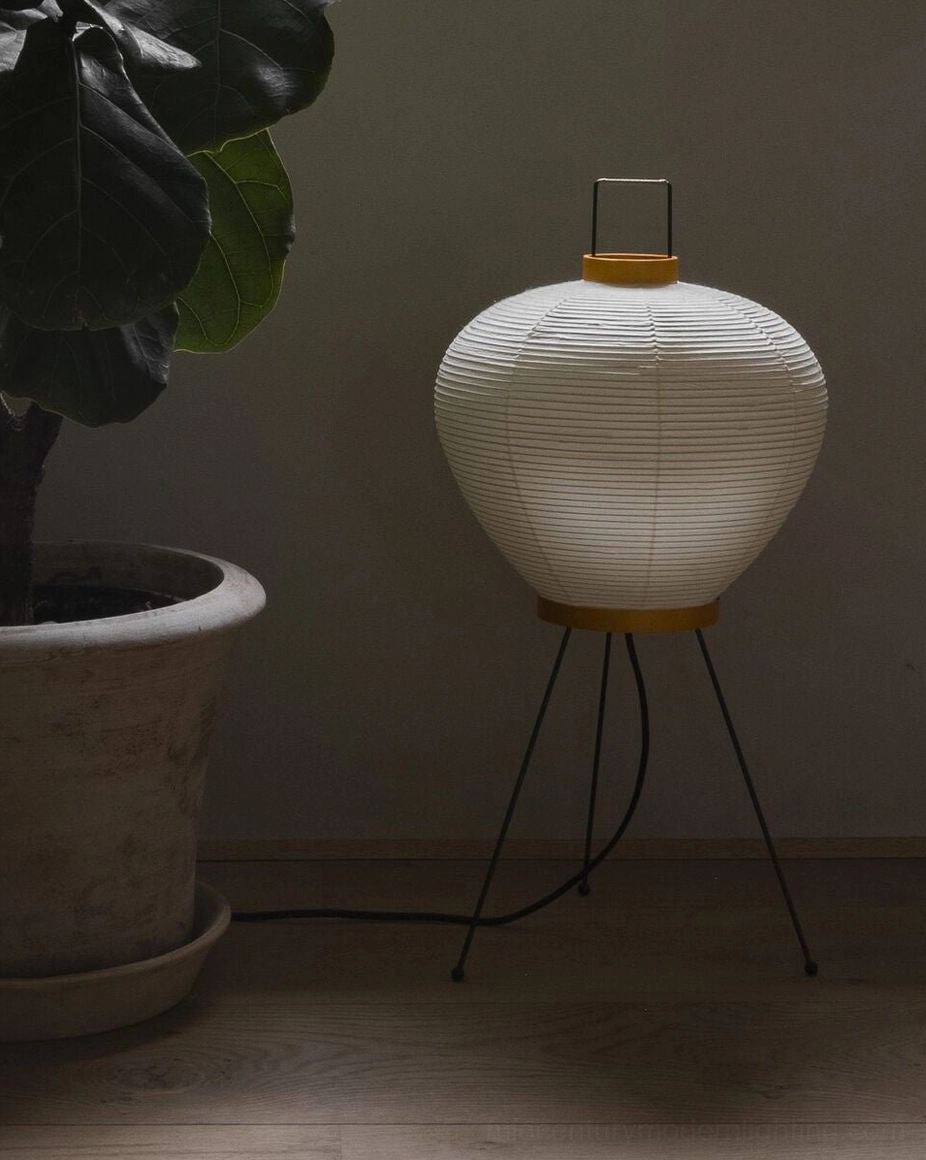 Washi tripod table lamp with white mulberry paper shade detail shot highlighting Japanese craftsmanship