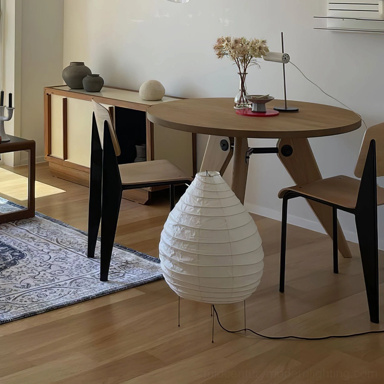 Handcrafted washi paper lamp with natural off-white mulberry shade and structural detail
