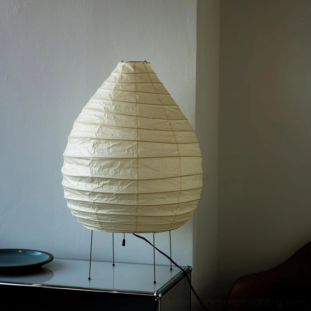 Mulberry paper lamp showing organic undulating shade profile and top apertures detail