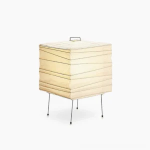 Handcrafted washi paper organic table lamp with square sculptural shade, front studio view showing beige folded paper design and black metal base