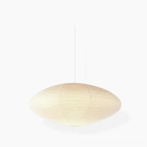 Handcrafted washi paper pendant light with warm cream mulberry fiber shade, direct frontal view showcasing fine texture