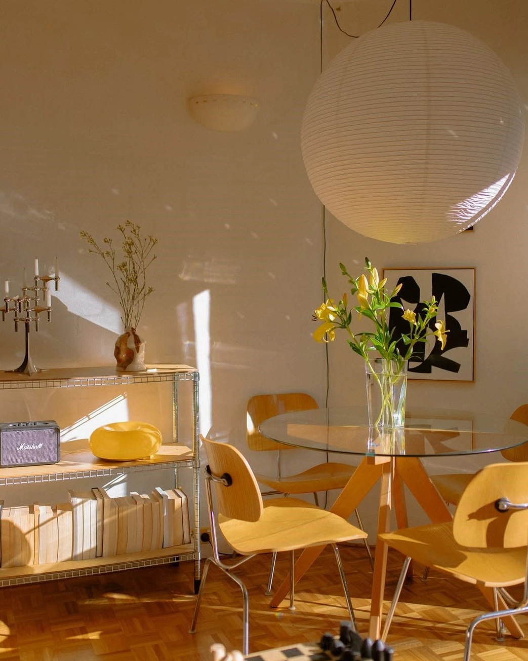 Washi paper pendant light cluster installation showing multiple size configurations