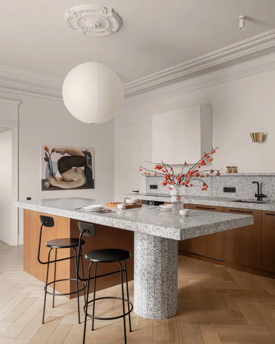 White spherical washi paper pendant lamp in contemporary kitchen dining area, warm neutral Nordic interior style
