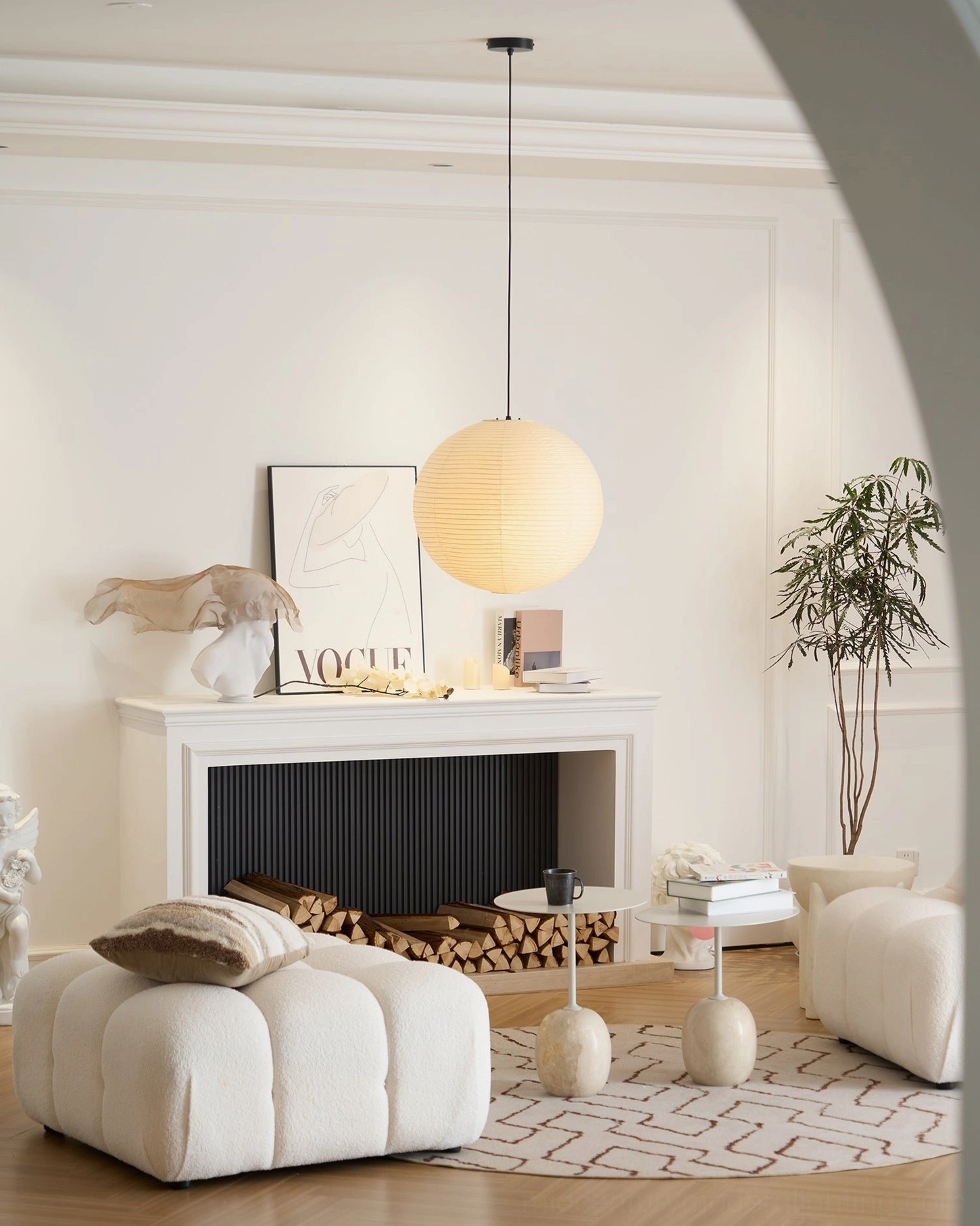 Washi paper sphere pendant lamp in contemporary living room with modern furnishings