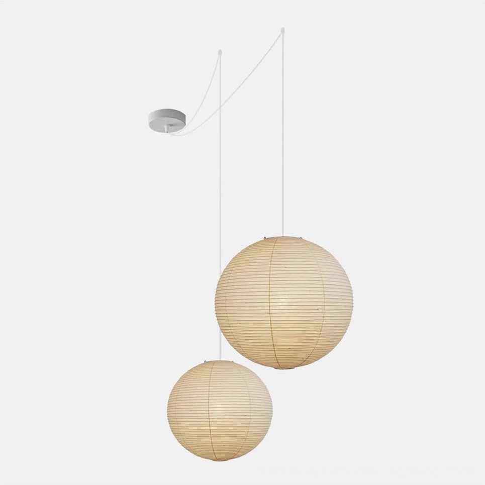 Washi paper sphere pendant lamp dual configuration with two complementary sizes