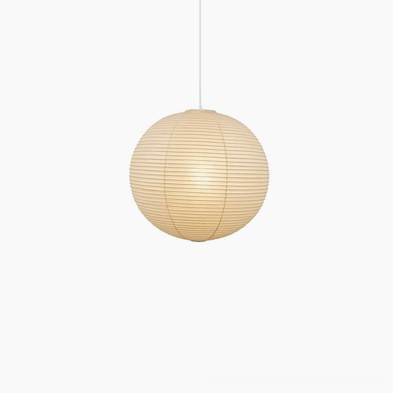 White washi paper pendant lamp in minimalist Japandi interior design setting