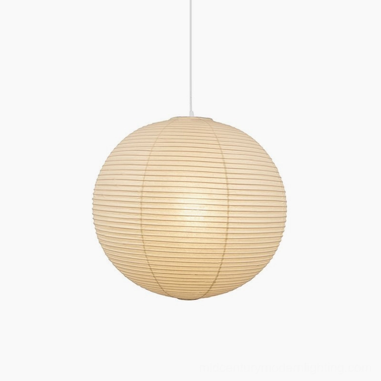 Washi paper pendant lamp showing interior light source diffusion through paper material