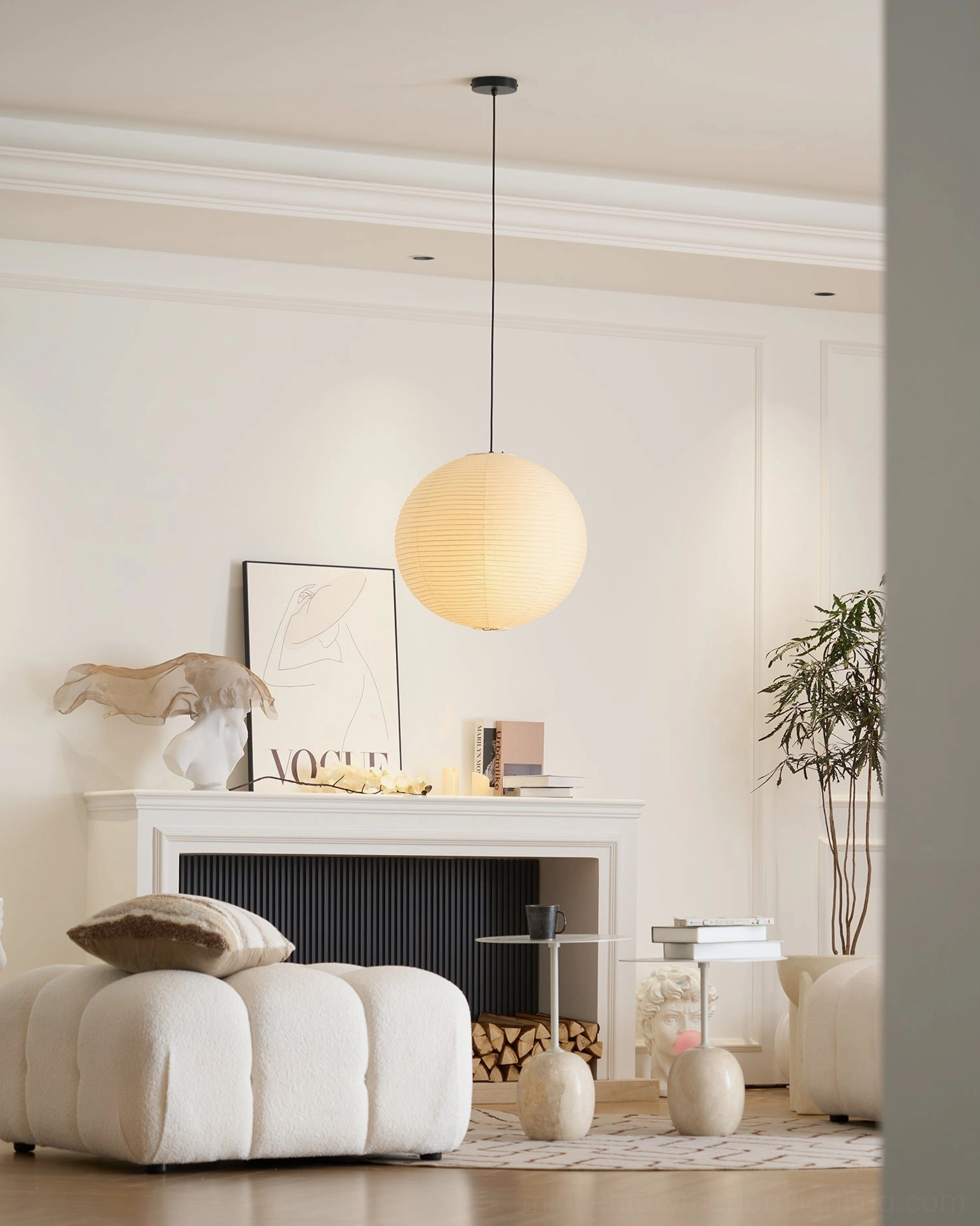 White washi paper pendant light fixture with metal frame and ceiling mount
