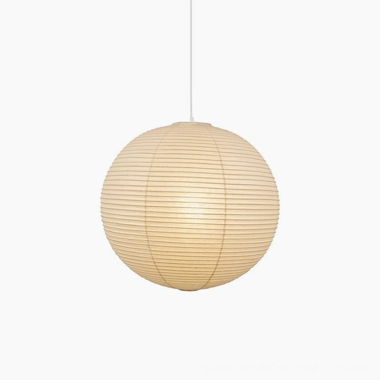 Washi paper sphere pendant lamp in various interior settings and size configurations