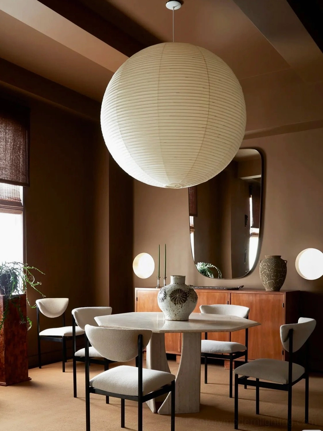 Washi paper sphere pendant light with even product photography and neutral background