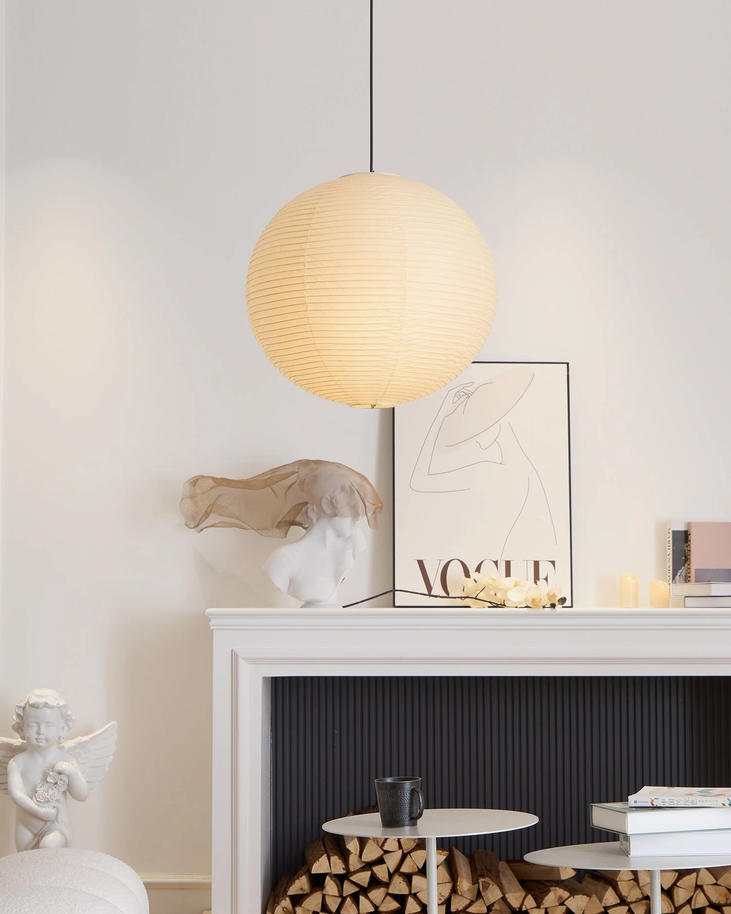 White washi paper sphere pendant lamp in Scandinavian interior setting