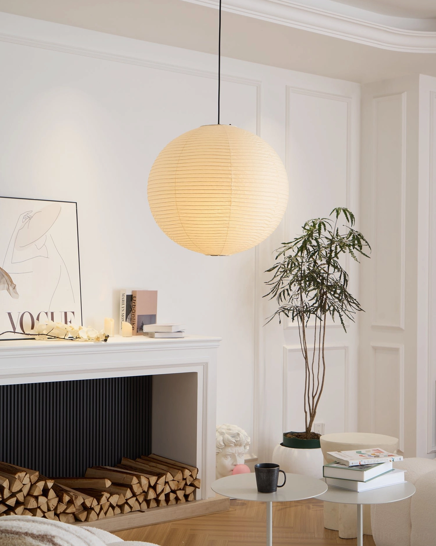 Washi paper pendant light with soft diffused illumination and warm color tone