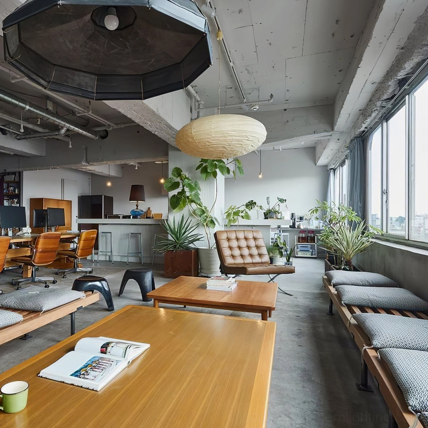 Washi paper pendant suspended in modern office lounge with industrial exposed ceiling elements and warm glow