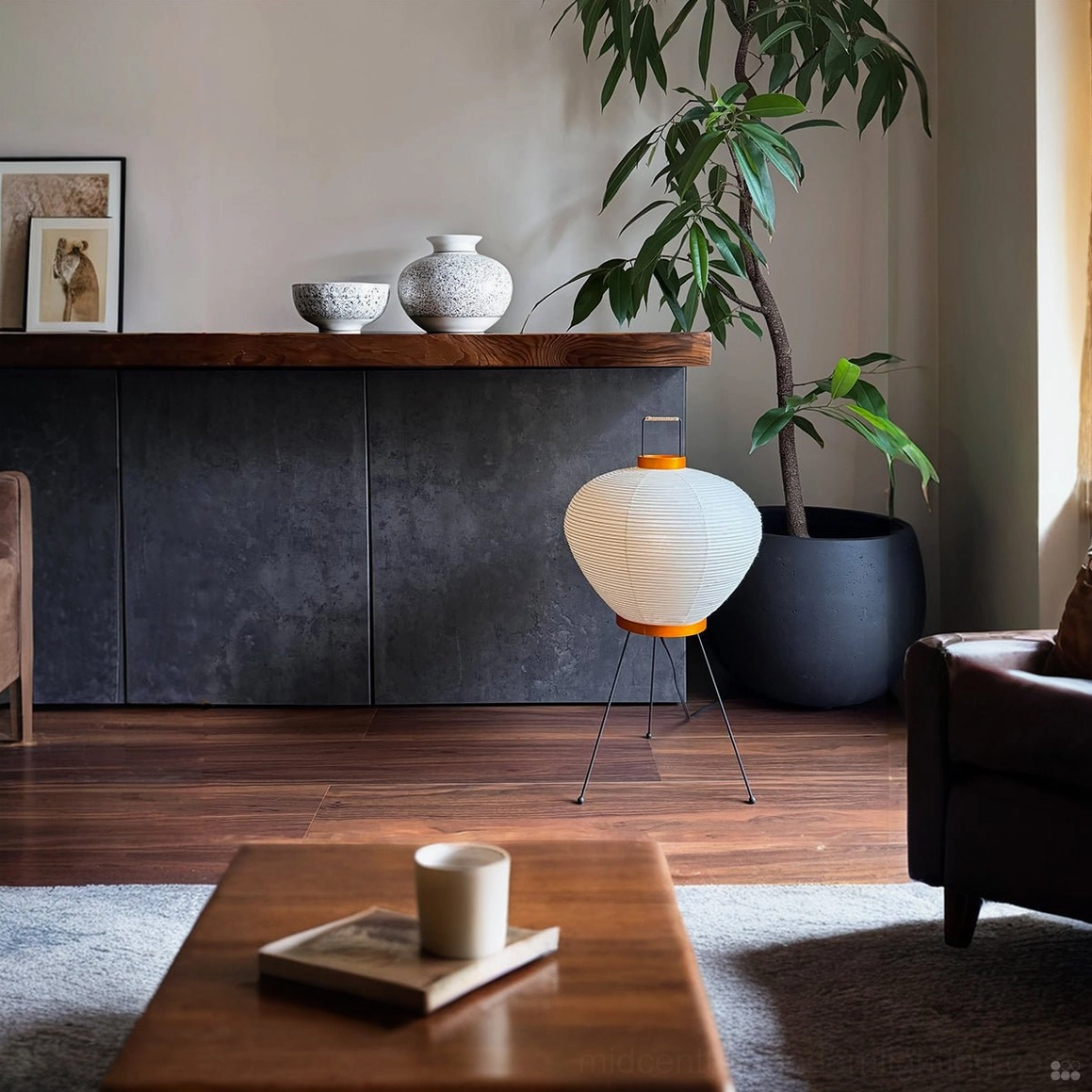 Washi Japanese minimalist table lamp in modern living room setting with wooden sideboard and potted plant