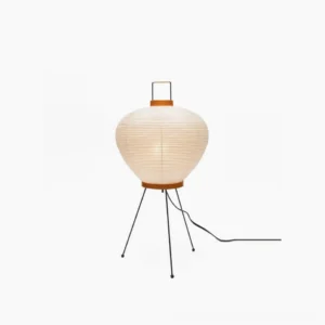 Washi tripod table lamp with white mulberry paper shade and black metal frame, frontal studio view on white background
