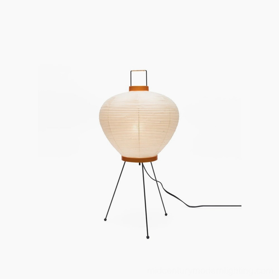 Washi tripod table lamp with white mulberry paper shade and black metal frame, frontal studio view on white background
