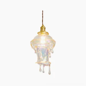 Water droplets resin pendant light hanging against white background, showcasing drip pattern and brass crown detail