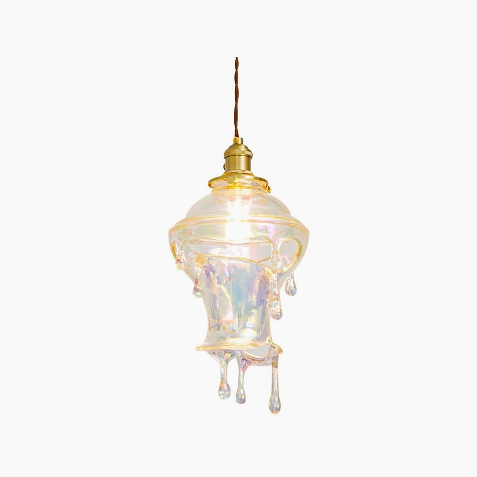 Water droplets resin pendant light hanging against white background, showcasing drip pattern and brass crown detail