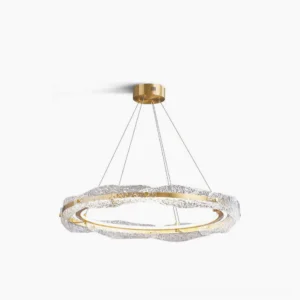 Water ripple ring chandelier with brushed gold metal frame and clear corrugated glass shade, frontal view on white background