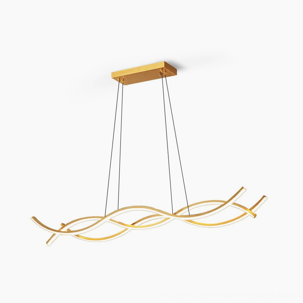 Wave Island modern brass pendant chandelier with wavy linear design, studio shot on white background