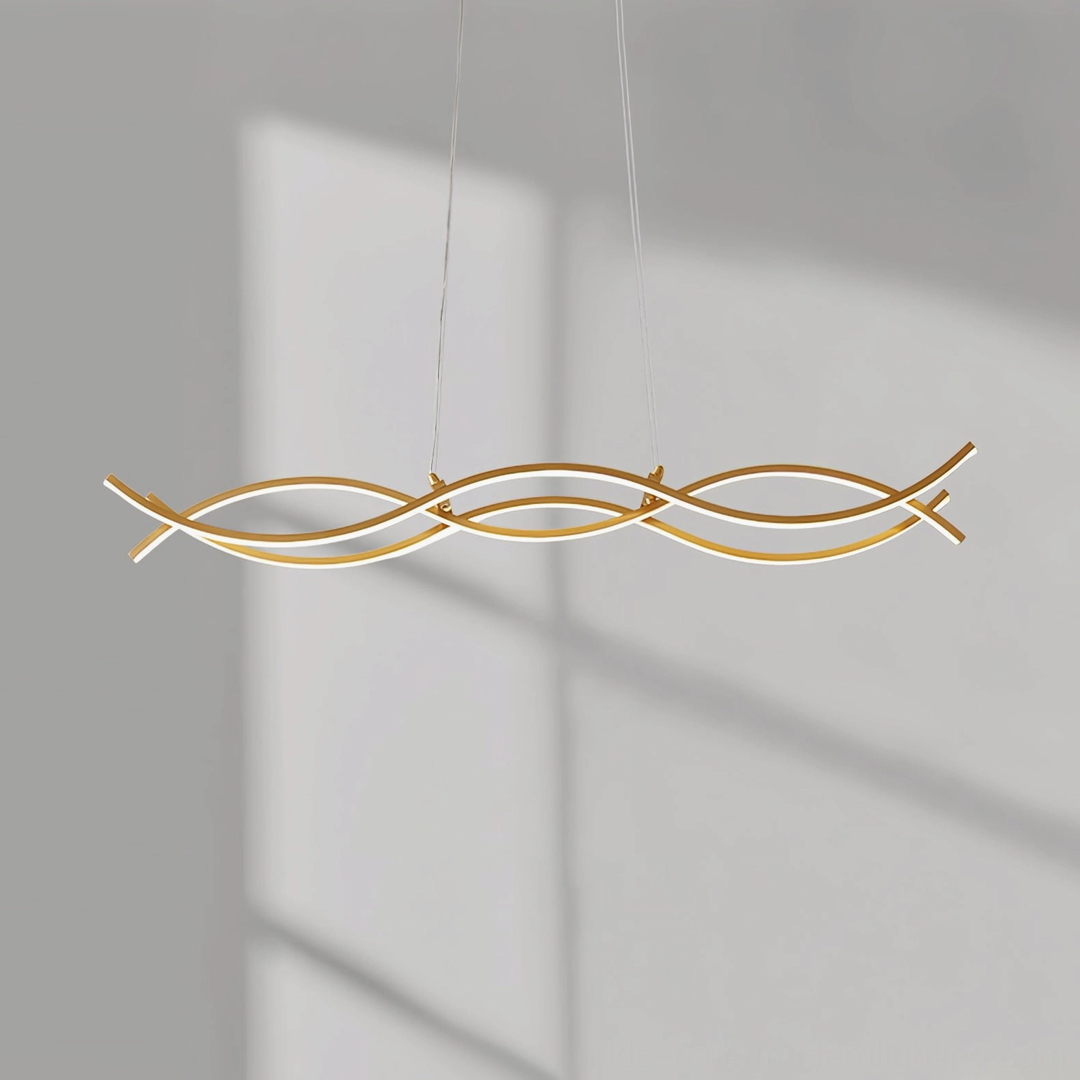 Brushed gold wave pendant chandelier detail shot highlighting metalwork and LED integration