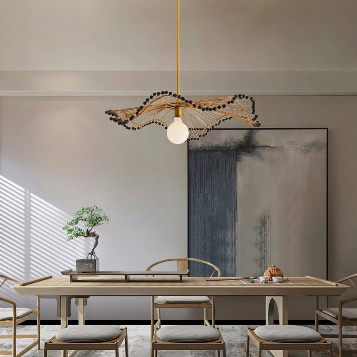 Natural rattan wavy pendant chandelier in formal dining room creating bohemian modern ambiance