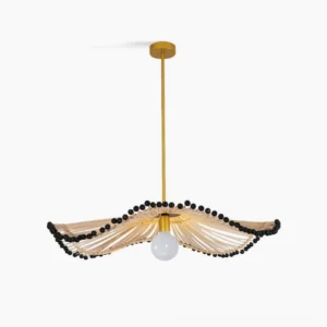 Waverly handwoven rattan chandelier overhead view on white background showing wavy natural rattan weave pattern