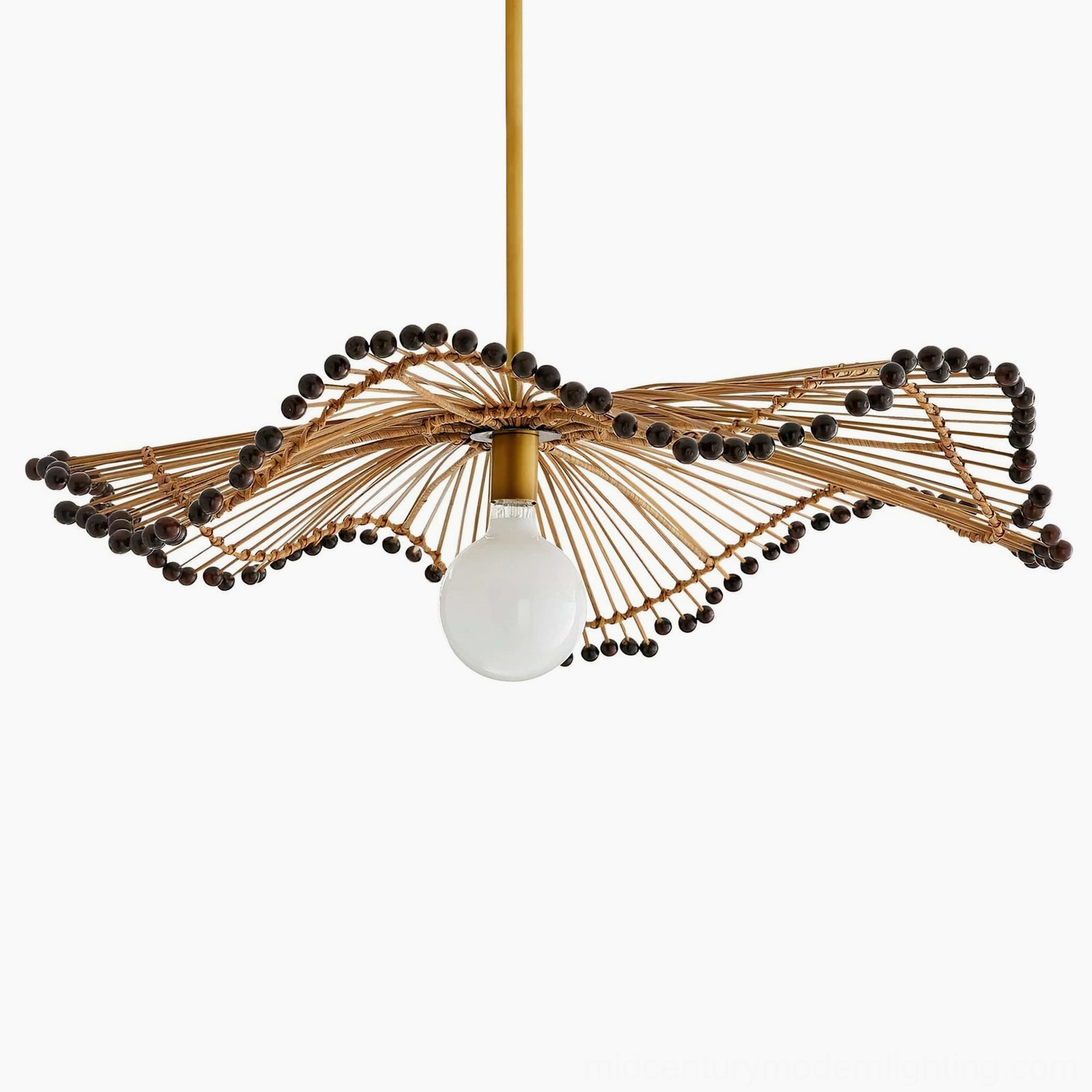 Waverly handwoven rattan chandelier in large formal dining space with natural boho oriental styling