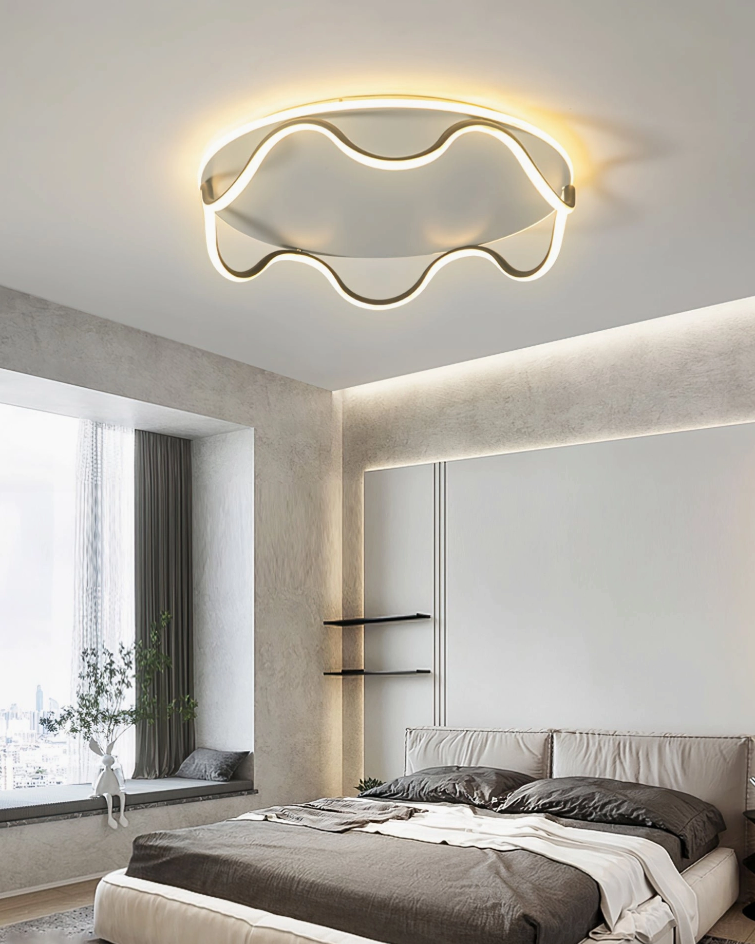 Contemporary wavy LED ceiling lamp with warm glowing edges installed above bedroom with bay window