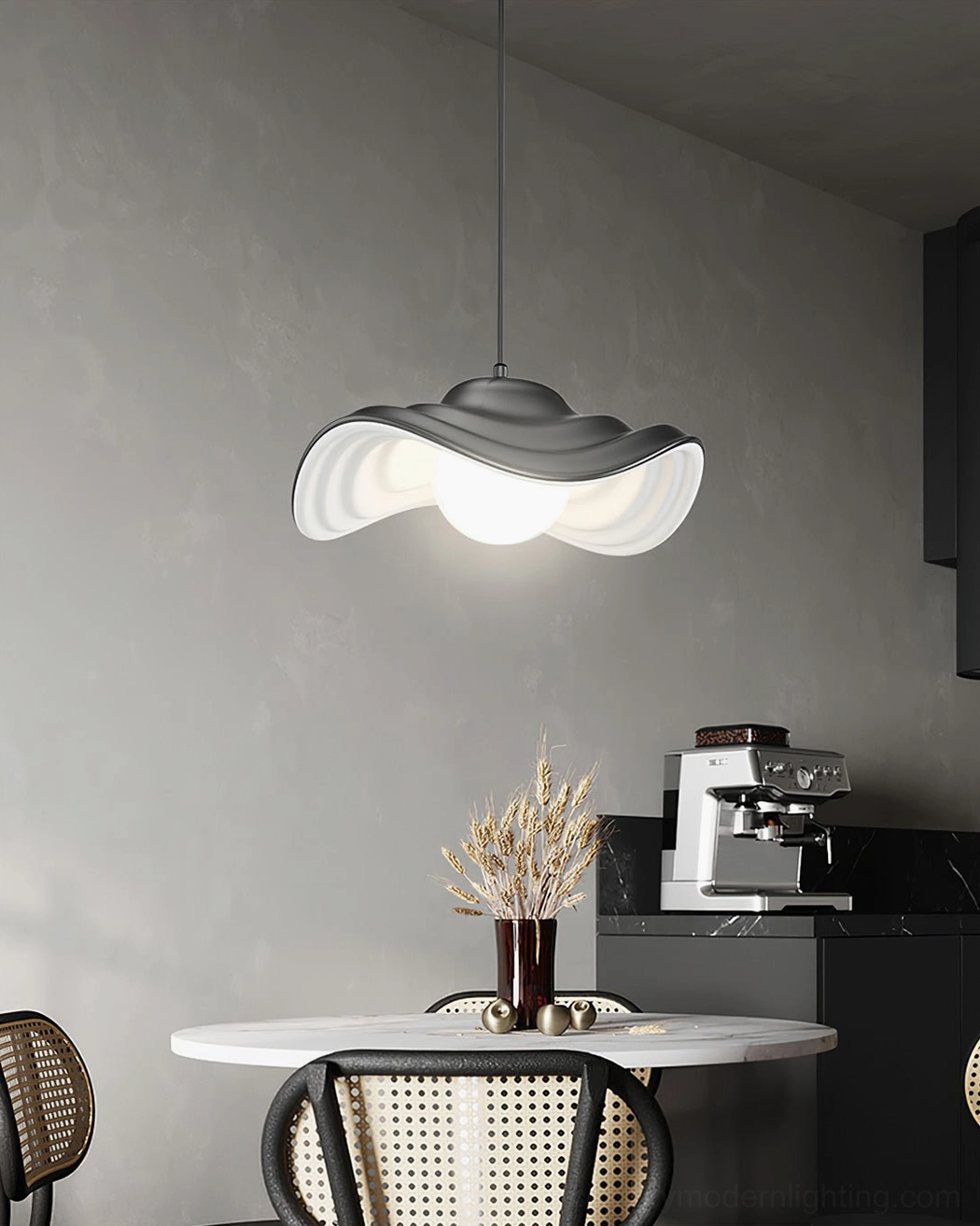 Visilica pendant lamp with characteristic rippled edge rim, showing G9 base compatibility and premium resin material construction detail