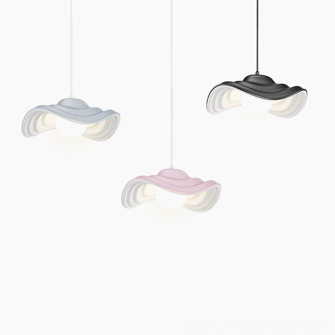 Wavy pendant light installation showing versatile sizing and universal voltage AC 110-240V compatibility for global modern homes
