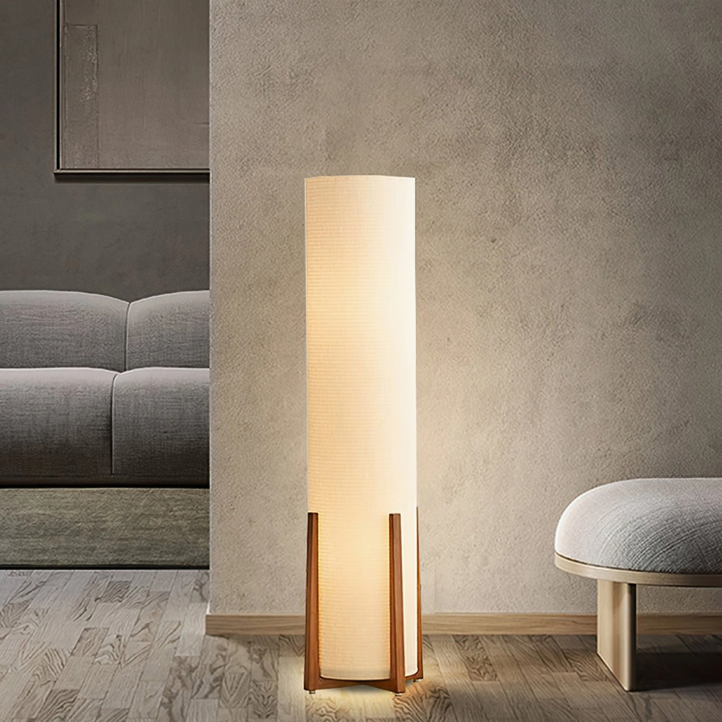Weave Natural floor lamp in contemporary living room with grey sofa and textured feature wall, modern styling