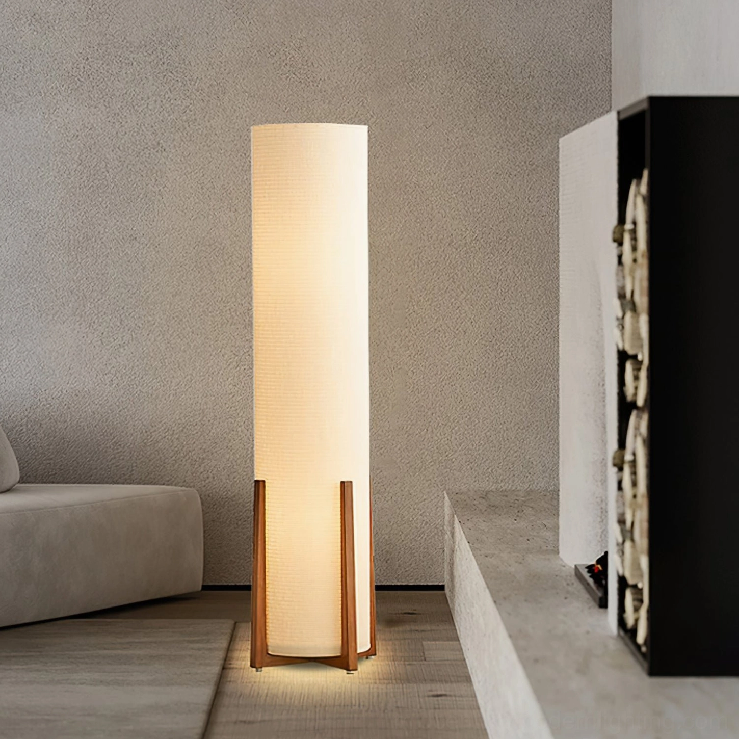 Weave Natural floor lamp illuminated in modern minimalist tv console interior zone with neutral design aesthetic