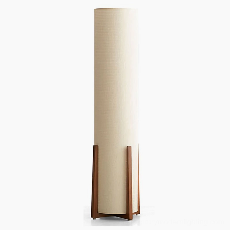Weave Natural floor lamp in walnut finish complete with wooden frame and fabric cylindrical shade, product detail shot