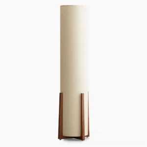 Weave Natural cylindrical floor lamp with fabric shade and wooden frame in white finish, minimalist studio shot