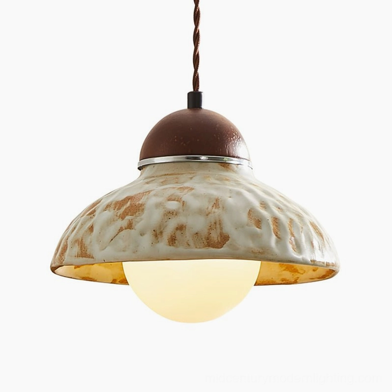 Wella ceramic pendant light full product view showing beige dome, walnut wood canopy, and complete design composition