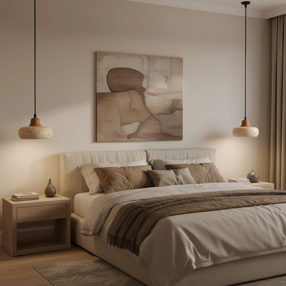 Dual Wella travertine pendant lights in minimalist bedroom with warm wabi-sabi interior styling