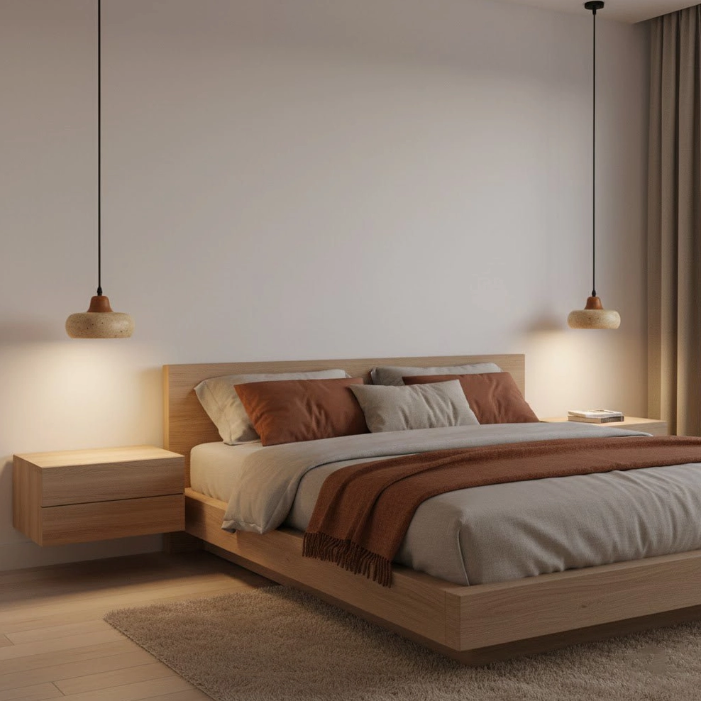 Pair of Wella travertine pendant lights in minimalist master bedroom above wooden bed frame