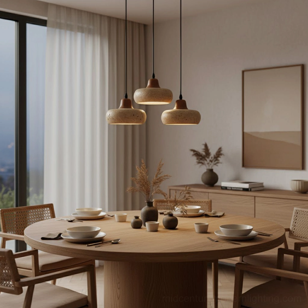 Four Wella travertine pendant lights clustered above round wooden dining table in family dining room