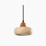 Wella travertine pendant light with integrated LED, featuring natural yellow stone and walnut wood accents on white background